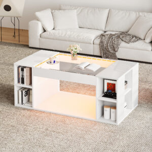 High Gloss Coffee Table With Open Storage, LED Lights, Centre Table With Glass Tabletop, Sofa Side Table, Coffee End Table For Living Room, Office, 100x50x40cm, White, MDF