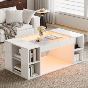High Gloss Coffee Table With Open Storage, LED Lights, Centre Table With Glass Tabletop, Sofa Side Table, Coffee End Table For Living Room, Office, 100x50x40cm, White, MDF