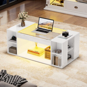 High Gloss Coffee Table With Open Storage, LED Lights, Centre Table With Glass Tabletop, Sofa Side Table, Coffee End Table For Living Room, Office, 100x50x40cm, White, MDF